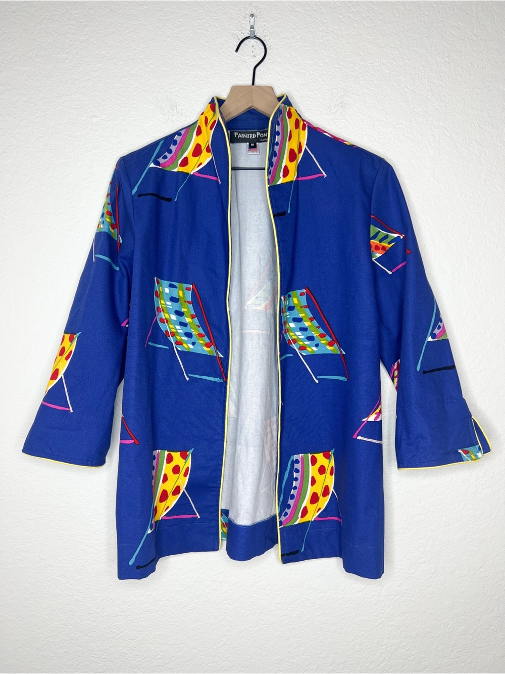 Vintage Painted Pony Blue Beach Chair Blazer Cotton Open Front USA size Medium